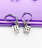 Silver Dice Earrings, Hypoallergenic, Dangle Hoop Lever-back Earrings, N4619