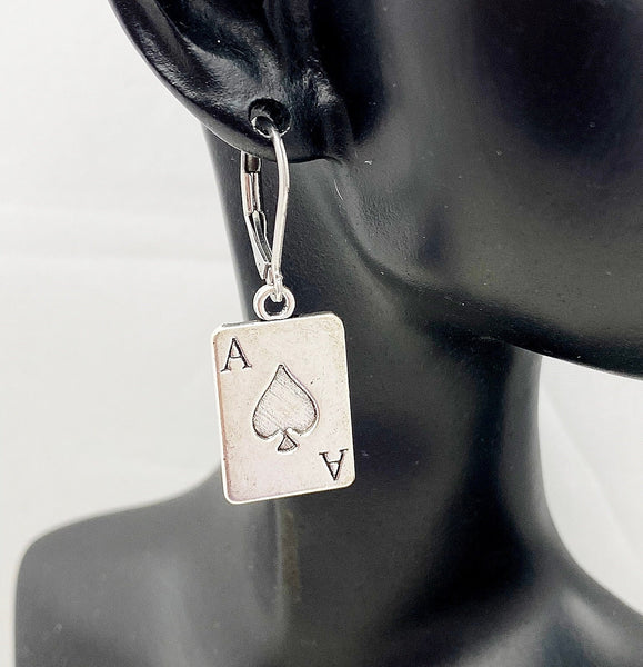 Ace of Spades Earrings, Hypoallergenic, Dangle Hoop Lever-back Earrings, N4624