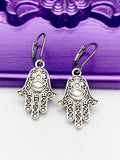 Hamsa Hand Earrings, Hypoallergenic, Dangle Hoop Lever-back Earrings, N4633