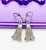 Graduation Gift, Graduation Cap Tassel, Silver Earrings, Hypoallergenic, Dangle Hoop Lever-back Earrings, N4644