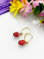 Red Strawberry Earrings, Hypoallergenic, Dangle Hoop Lever-back Earrings, N4714