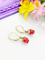 Red Strawberry Earrings, Hypoallergenic, Dangle Hoop Lever-back Earrings, N4714