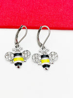 Bee Earrings, Teacher Gift, Birthday Gift, Mother's Day Gift, Hypoallergenic, Stainless Steel Dangle Hoop Lever-back Earrings, N4789