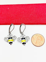 Bee Earrings, Teacher Gift, Birthday Gift, Mother's Day Gift, Hypoallergenic, Stainless Steel Dangle Hoop Lever-back Earrings, N4789