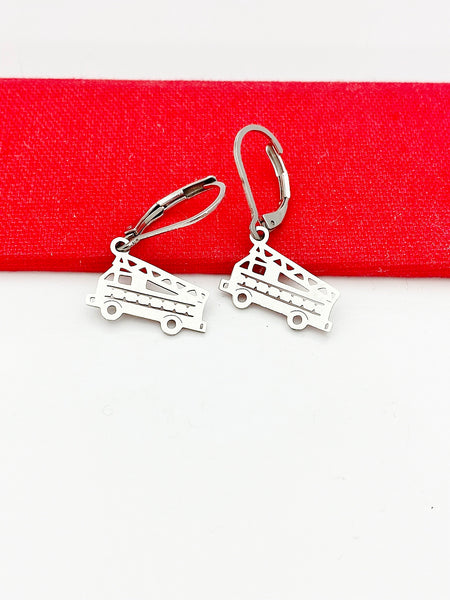 Fire Truck Earrings, Crane Charm, Firefighter Gift, Birthday Gift, Hypoallergenic, Stainless Steel Dangle Hoop Lever-back Earrings, N4790