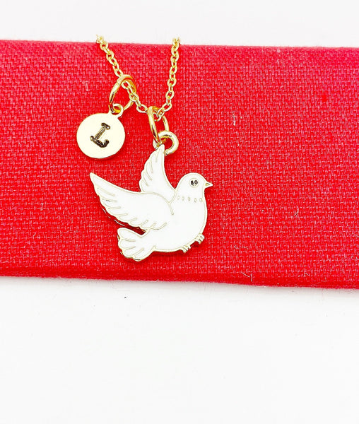 Peace Necklace, Gold White Bird Dove Charm, Peace Gift, Birthday Gift, Best Christmas Gift, Personalized Initial Necklace, N4825