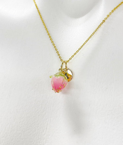 Gold Flower Necklace, Wild Flower Bud, Real Dried Flower, Flower Jewelry, N4872