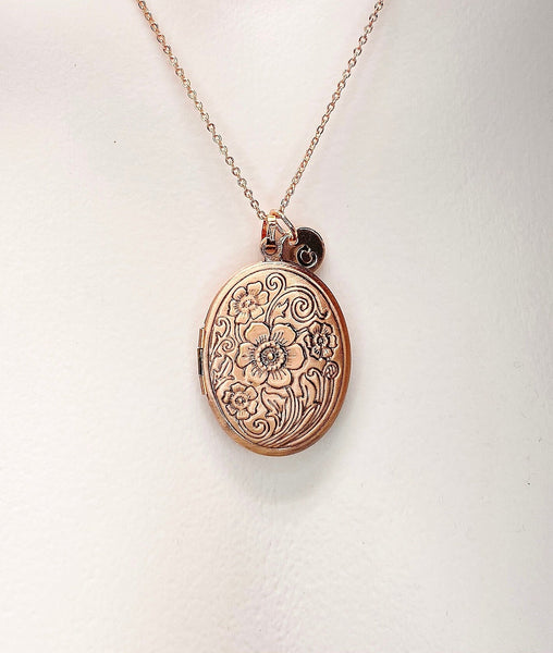 Rose Gold Flower Locket Necklace, Best Christmas Gift for Mom, Grandmother, Great Grandma, Aunt, Keepsake Photo Frame Charm, N4872