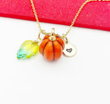 Halloween Fall Gift for Girlfriend, Best friend, Sister, Daughter, Granddaughter, Turquoise Gemstone Leaf Orange Pumpkin Necklace, N4877
