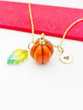 Halloween Fall Gift for Girlfriend, Best friend, Sister, Daughter, Granddaughter, Turquoise Gemstone Leaf Orange Pumpkin Necklace, N4877