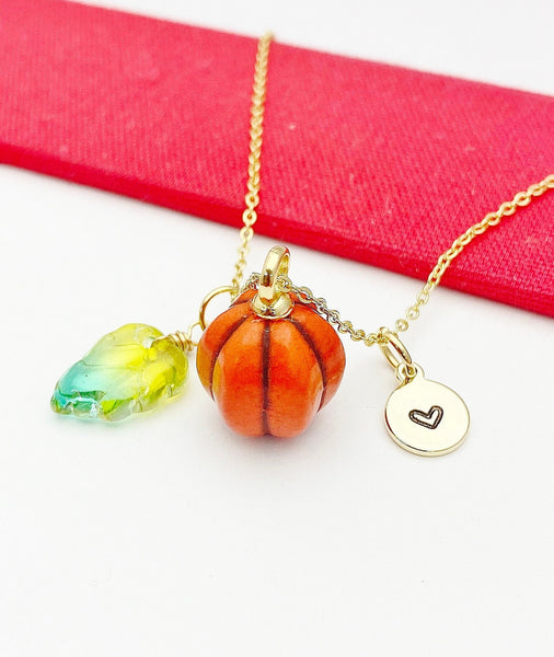 Halloween Fall Gift for Girlfriend, Best friend, Sister, Daughter, Granddaughter, Turquoise Gemstone Leaf Orange Pumpkin Necklace, N4877