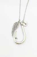 Angel Gift, Guardian Angel, Angel Wing Fishhook Necklace, Good Luck Charm, Memorial, Condolences, Gift, N4898