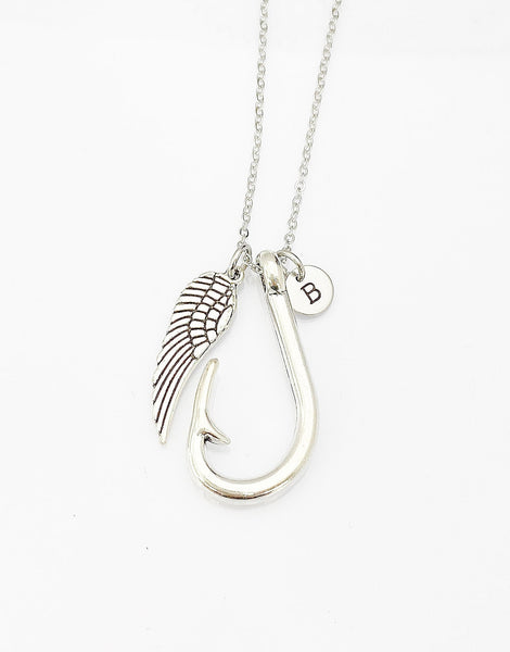 Angel Gift, Guardian Angel, Angel Wing Fishhook Necklace, Good Luck Charm, Memorial, Condolences, Gift, N4898