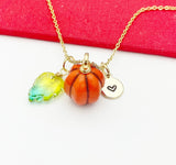 Halloween Fall Gift for Girlfriend, Best friend, Sister, Daughter, Granddaughter, Turquoise Gemstone Leaf Orange Pumpkin Necklace, N4877