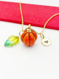 Halloween Fall Gift for Girlfriend, Best friend, Sister, Daughter, Granddaughter, Turquoise Gemstone Leaf Orange Pumpkin Necklace, N4877
