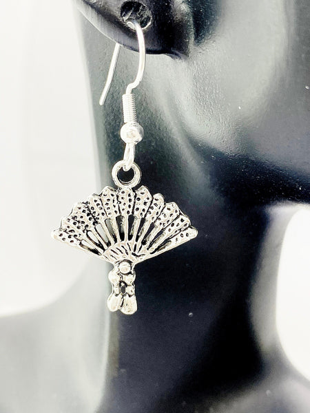 Fan Earrings, Vintage Chinese Hand Fan Charm Jewelry, Birthday Gift, Hypoallergenic, Stainless Steel Dangle Earrings, N4895