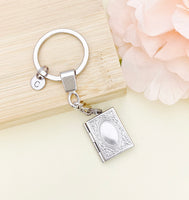Silver Book Locket Keychain, Best Christmas Gift, Birthdays Gift, Librarian Gift, Personalized Initial Keychain, N4917