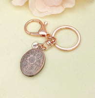 Best Christmas Gift for Mom, Grandmother, Great Grandma, Aunt, Flower Locket, Keepsake Photo Frame, Rose Gold Initial Keychain, N4920