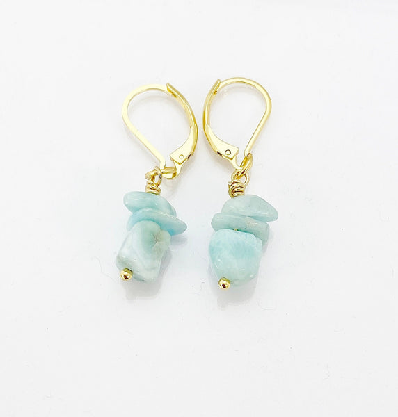 Gold Larimar Earrings, Natural Gemstone Jewelry N3971