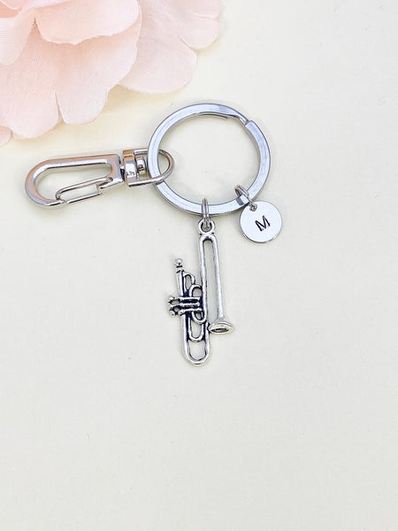 Best Christmas Gift, Silver Trumpet Keychain, Lucky Charm, School Band Gift, Personized Initial Keychain, N4933