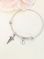 Doctor Nurse Medical Student Bracelet Gift, Silver Caduceus Medical Symbol Charm Bangle, Wing with Snak, Personized Initial Bracelet, N4950