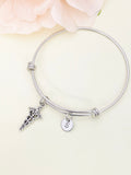 Doctor Nurse Medical Student Bracelet Gift, Silver Caduceus Medical Symbol Charm Bangle, Wing with Snak, Personized Initial Bracelet, N4950