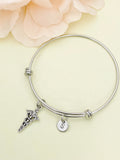 Doctor Nurse Medical Student Bracelet Gift, Silver Caduceus Medical Symbol Charm Bangle, Wing with Snak, Personized Initial Bracelet, N4950