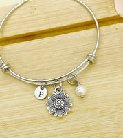 Silver Sunflower with Pearl Bracelet, Personized Initial Bracelet, N4960