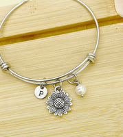 Silver Sunflower with Pearl Bracelet, Personized Initial Bracelet, N4960