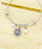 Silver Sunflower with Pearl Bracelet, Personized Initial Bracelet, N4960