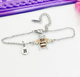 Silver Bee Bracelet, Beautiful Brown Bee Charm, Bolo Bracelets option, Personized Initial Bracelet, N4972