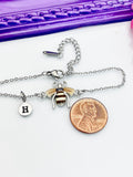 Silver Bee Bracelet, Beautiful Brown Bee Charm, Bolo Bracelets option, Personized Initial Bracelet, N4972