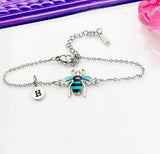 Silver Bee Bracelet, Beautiful Teal Bee Charm, Bolo Bracelets option, Personized Initial Bracelet, N4973