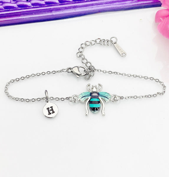 Silver Bee Bracelet, Beautiful Teal Bee Charm, Bolo Bracelets option, Personized Initial Bracelet, N4973