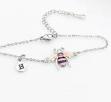 Silver Bee Bracelet, Beautiful Black Pink Bee Charm, Bolo Bracelets option, Personized Initial Bracelet, N4975