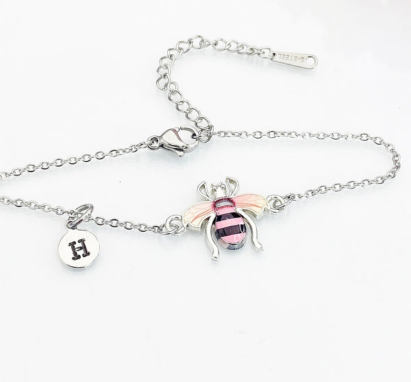 Silver Bee Bracelet, Beautiful Black Pink Bee Charm, Bolo Bracelets option, Personized Initial Bracelet, N4975