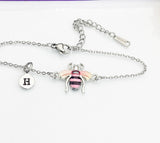 Silver Bee Bracelet, Beautiful Black Pink Bee Charm, Bolo Bracelets option, Personized Initial Bracelet, N4975