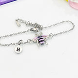 Silver Bee Bracelet, Beautiful Black Purple Bee Charm, Bolo Bracelets option, Personized Initial Bracelet, N4976