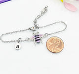 Silver Bee Bracelet, Beautiful Black Purple Bee Charm, Bolo Bracelets option, Personized Initial Bracelet, N4976