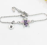 Silver Bee Bracelet, Beautiful Black Purple Bee Charm, Bolo Bracelets option, Personized Initial Bracelet, N4976