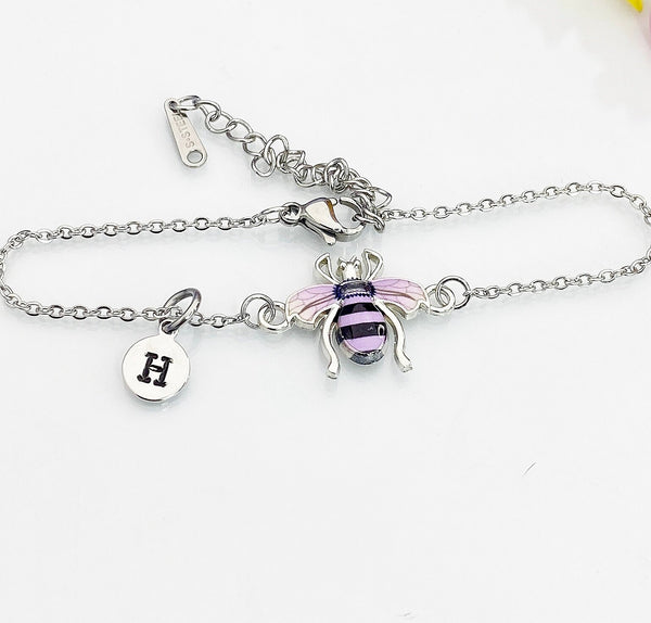 Silver Bee Bracelet, Beautiful Black Purple Bee Charm, Bolo Bracelets option, Personized Initial Bracelet, N4976