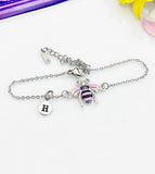 Silver Bee Bracelet, Beautiful Black Purple Bee Charm, Bolo Bracelets option, Personized Initial Bracelet, N4976