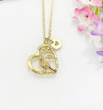 Gold Cardinal Heart Necklace, Cubic Zirconia Heart Cardinal Charm, Personized Initial Necklace, BN4805