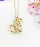Gold Cardinal Heart Necklace, Cubic Zirconia Heart Cardinal Charm, Personized Initial Necklace, BN4805