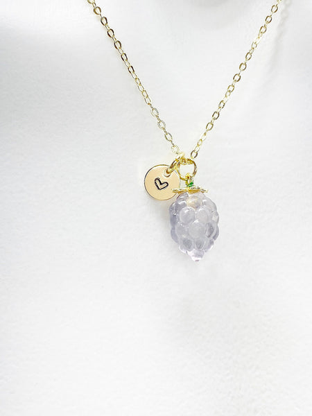 Gold Grape Necklace, Natural Gemstone Fluorite Charm, Personized Initial Necklace, N4984