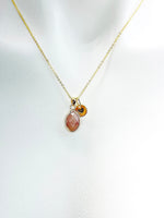 Gold Teardrop Strawberry Quartz Necklace, Natural Gemstone Strawberry Quartz Teardrop Charm, Personized Initial Necklace, N4987