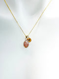 Gold Teardrop Strawberry Quartz Necklace, Natural Gemstone Strawberry Quartz Teardrop Charm, Personized Initial Necklace, N4987