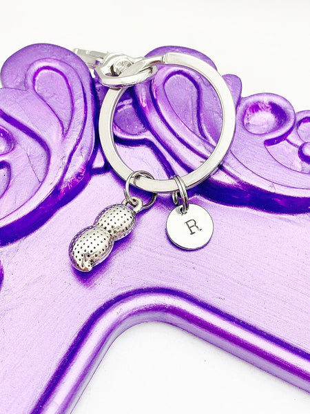 Best Christmas Gift, Silver Peanut Keychain, Lucky Charm, Daughter Gift, Personized Initial Keychain, N4934