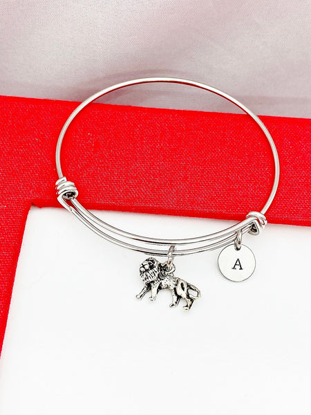 Silver Lion Bracelet Bangle, Lucky Charm, Personized Initial Bracelet, N4936