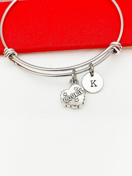 Cookie Bracelet, Silver Cookie Charm Bangle, Personized Initial Bracelet, N4940